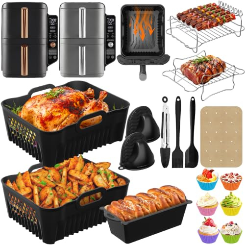 Ninja Heißluftfritteuse Zubehör für Ninja Double Stack XL 9.5L Air Fryer SL400EU SL400EUCP, 2 Stück Airfryer Silikon Einsatz für Ninja Foodi MAX Dual Zone SL400EU/COSORI 8.5L, Spülmaschinenfest