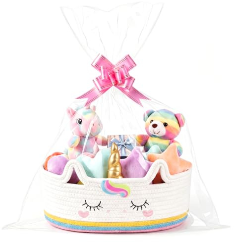 PinkSheep Gewebter Geschenkkorb, Aufbewahrungskorb mit Geschenktaschen und Geschenkschleife, leere Dekorative korb für Kinder Baby Dusche, Geburtstag, Weihnachten, Halloween Geschenk (Einhorn)