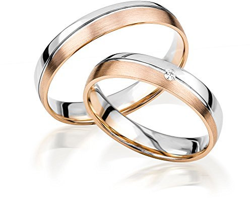 JC Trauringe Gold 585 Paarpreis Bicolor Rotgold und Weißgold I Eheringe breit 4 mm I Partnerringe mit Gravur in edler Schatulle I 2 Hochzeitsringe Herrenring ohne & Damenring mit Stein I J163