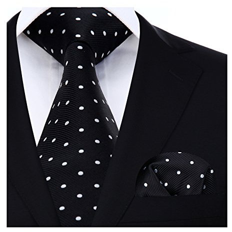 HISDERN Krawatte Schwarz Herren Krawatten mit Einstecktuch Punkte Krawatte Hochzeit und Taschentuch Set