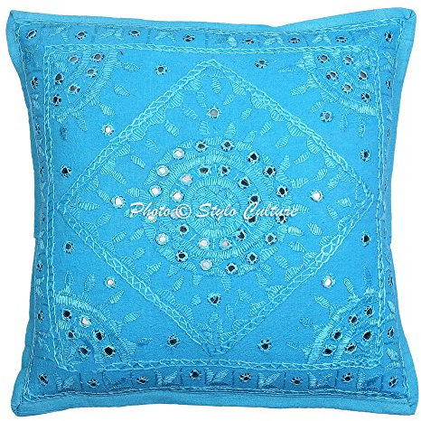 Stylo Culture Ethnico Funda Almohadon Decorativos 40x40 cm Algodón Espejado Fundas para Almohadones Sofa Turquesa 16x16 Inch Bordado Cuadrado sobre Fundas De Almohadones para Cama - 1 Pc