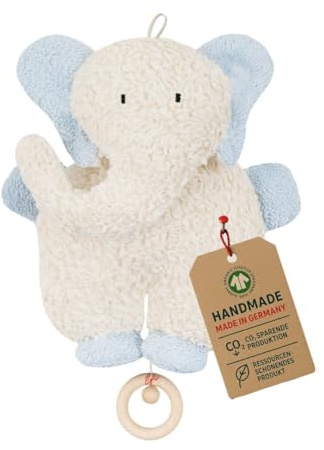 Efie Bio - Spieluhr Elefant hellblau - kontrolliert biologischer Anbau (organic) - Made in Germany - GOTS zertifiziert – nachhaltig - Melodie Brahms (Guten Abend, gute Nacht)