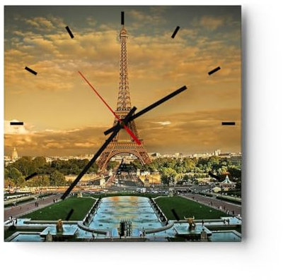 Modern Wanduhr Eiffelturm Frankreich Paris 30x30cm Quadrat Klein Wand Uhr Glas Analog Zimmeruhren Küche Büro Wohnzimmer Glasuhr Wall Clock Dekoration Design Wanddekoration Küchenuhr C3AC30x30-0435