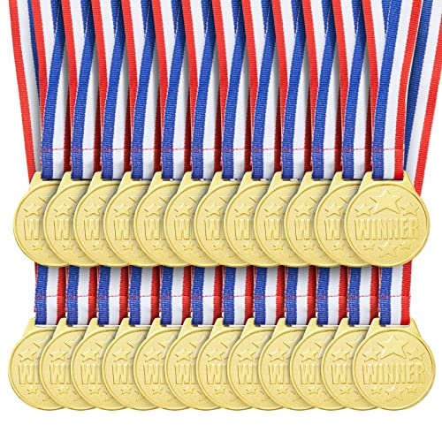 Juvale 24 Pieces - Gold Tone Winner Award Medals with Colorful Ribbon, 3.81 cm Diameter, Metal, Single Sided - Gold