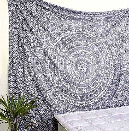 Popular Handicrafts Wandbehang für Schlafzimmer, Hippie-Mandala, Bohemian-Wandteppich, Blumendesign, indisches magisches Denken, Wandteppich, Wohnheim-Dekor, 140 x 210 cm, Grau und Silber