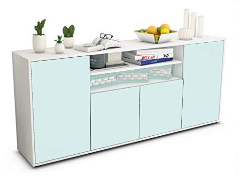 Stil.Zeit Sideboard Elsita, Korpus Weiss matt, Front Eisblau (180x79x35cm) Push-to-Open Technik