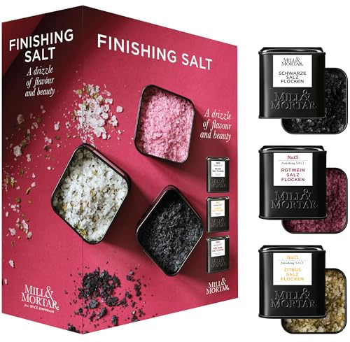 Mill & Mortar Finishing Salts Geschenkset, 3 Gourmetsalze aus Spanien | Schwarzes Salz, Rotweinsalz, Zitrussalz, spanisches Flagesalz, für Fleisch, Fisch, Salate & Desserts, für Frauen & Männer