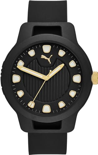 Puma Herrenuhr Reset V1, Dreizeigeruhrwerk, 43 mm Gehäuse aus schwarzem Polycarbonat mit Silikonarmband, P5033