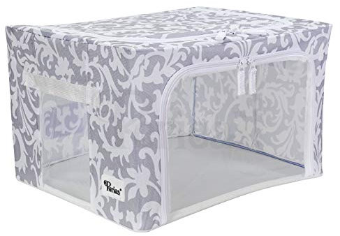 Periea ‘Beau’ Folding Collapsible Stackable Fabric Home Storage Boxes with Steel Frames (Grey Damask, Small)