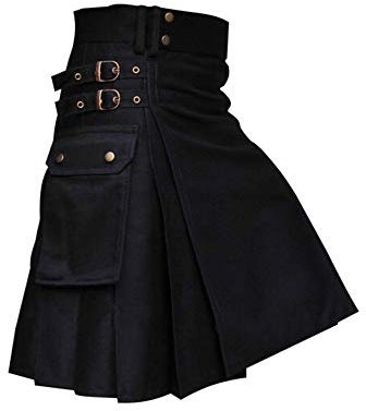 BaronHong Tartan Utility Kilts für Männer Leinen Tartan Kilt mit Riemen Große Ladetaschen (schwarz, M)