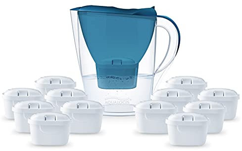 Aqualogis Water Filter Light Grey with Filter Cartridge - Modern Design Filter to Reduce Limescale, Chlorine & Taste-Impairing Substances (Blue, 12 Pure+)