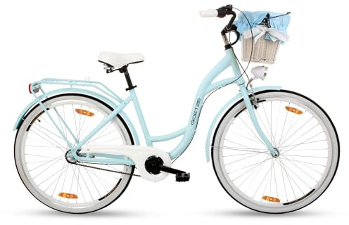 Goetze Style 28 Zoll Damen Citybike, 18 Zoll Aluminiumrahmen, Tiefeinsteiger, 3-Gang Nabenschaltung, Rücktrittbremse, LED-Beleuchtung, Gepäckträger, Komfortsattel, Rattankorb mit Stoffeinsatz!