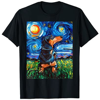 Aja Kunstdruck, Dackel, Doxie, Sternennacht, Schwarz und Hellbraun T-Shirt