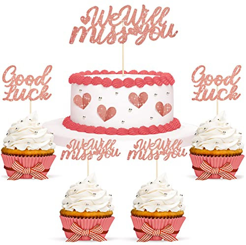 13 Stück Glitzer We Will Miss You Kuchen Topper We Will Miss You Cupcake Topper mit Liebesherz Glitzer Good Luck Tortenaufsatz für Arbeitsplatzwechsel Ruhestand Abschluss (Rose Gold)