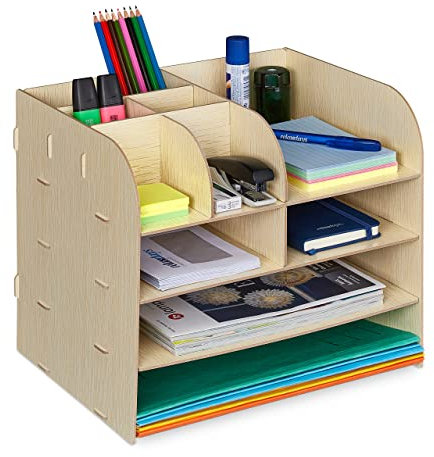 Relaxdays Organizador Escritorio Documentos, 10 Compartimentos, 27,5x32,5x25 cm, Cajonera Sobremesa MDF, Marrón Claro, Tablero de Fibras