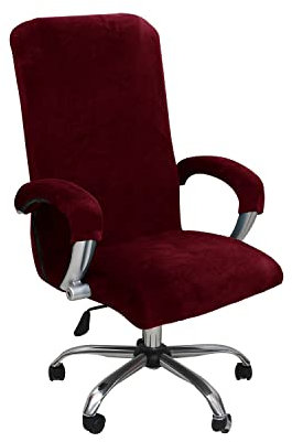 Housse de Chaise de Bureau avec Accoudoir Peluche Velours Couleur Unie,Housse pour Chaise Tissu élastique Amovible et Résistante pour Fauteuil de Bureau Rotatif Chaise,Wine Red,XL