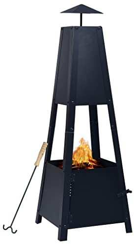 Gartenkamin Terrassenofen Feuerstelle Stahl Schwarz Moderne Optik mit Feuerhaken & Holzlagerung, Terrassenkamin Outdoor Kamin für den Garten, Terrasse und Balkon, 35x35x99 cm