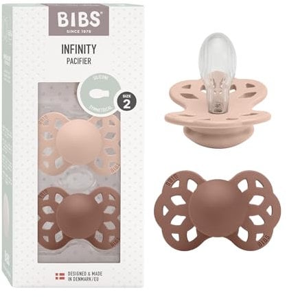 BIBS Infinity Symmetrischer Schnuller Zweierpackung, bisphenol-A frei, Symmetrischer Silikonsauger, Symmetrischer Nippel. Silikon, 6-18 Monate (2er Pack), Blush/Woodchuck