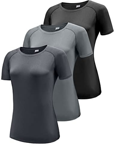 3er Pack T-Shirt Damen, Sport Shirt Damen Funktionsshirt Kurzarm Laufshirt, Rundhals Sommer Kurzarmshirt Sporttop, Atmungsaktiv Sportshirt Yoga Gym Shirt Fitness Oberteile Black/Grey/Dark Grey 3P15-S