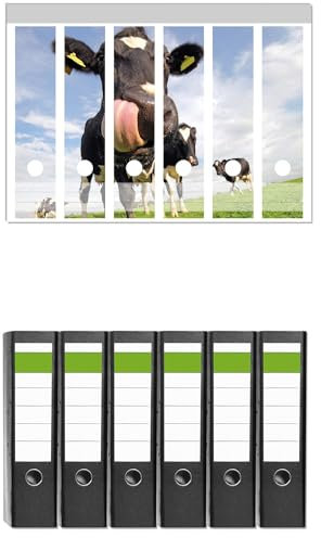 Wallario 6 Stück breite Ordner inkl. Klebeetiketten mit Motiv Lustige Kuh auf der Weide mit herausgestreckter Zunge - Set mit Rückenschildern/Ordnerrücken Stickern