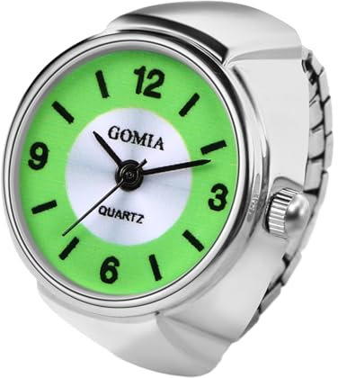 JewelryWe Ringuhr Fingeruhr Damen Elastisch - Klassische Einfache Analog Quarz Fingerringuhr Ring Uhr Uhrenring mit Grün Rundem Zifferblatt und Legierung Elastisch Band