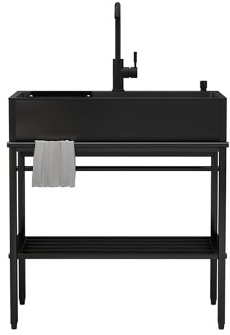 Évier inox Professionnel,Evier Cuisine 1 bac avec Egouttoir,Lavabo Cuve Simple Multifonction,Evier Buanderie Autoportant,Plonge Inox avec Robinet,Meuble Evier Noir pour Extérieur,Camping,Jardin ( Size