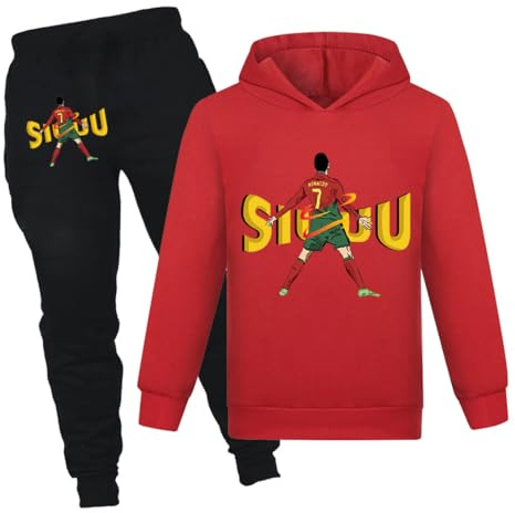 Forlcool Survêtement de football unisexe avec capuche, manches longues et pantalon, pour enfants de 3 à 13 ans, Rouge, 9-10 ans