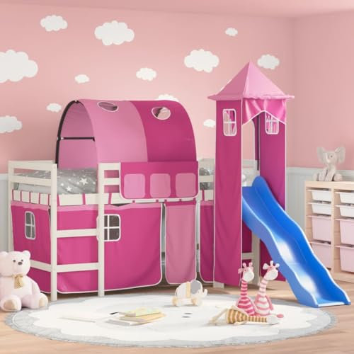 Gecheer Struttura Letto a Soppalco per Bambini in Legno di Pino Con Scivolo, Torre, Tunnel e Tende - Bianco e Rosa, 80x200 cm - Letto per Cameretta