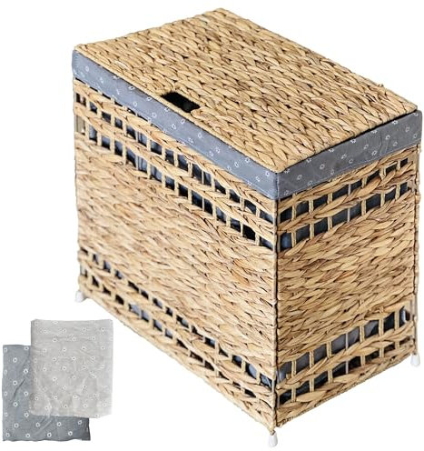 Handwoven Natural Seagrass Laundry Hamper 110L with Handles, Lid and 2pcs Liners of 100% Linen, Multi-Use Wicker Laundry Sorter Rattan Storage Basket for Blankets Pillows Ropes Clothes Toys