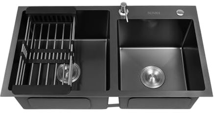 ROGONPDK Fregadero doble de acero inoxidable, 78 x 43 x 22 cm, con escurridor, duradero, elegante, color negro