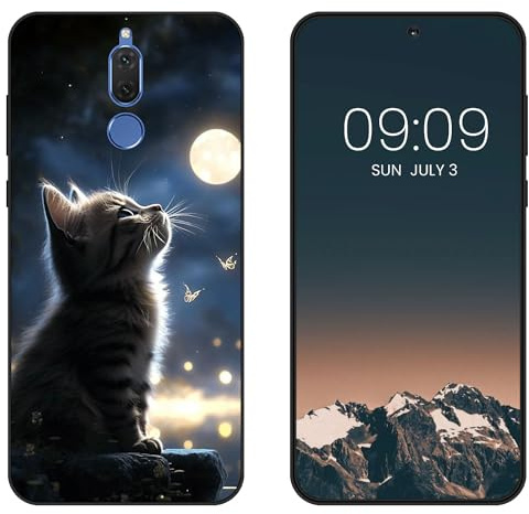 WUACYEAMING für Huawei Mate 10 lite Hülle,Mode Schutzhülle Schwarz Handyhülle mit Aesthetic Muster Weich Silikon Dünn TPU Stoßfeste Kratzfest Schutzhülle Cover-Der Mond und die Katze
