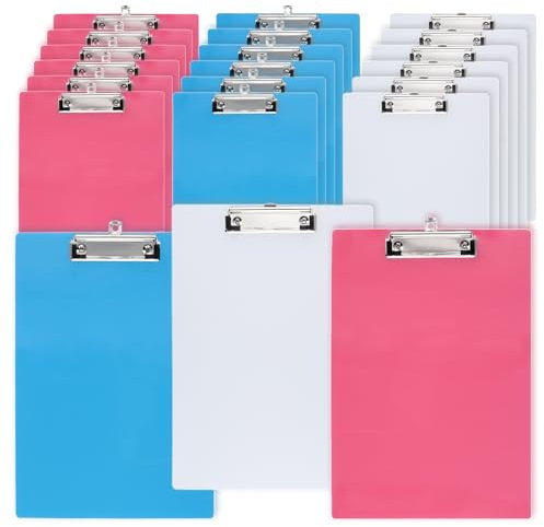 JEUIHAU Lot de 21 porte-blocs en plastique transparent A4 avec clip discret, transparent plastique planchettes à pince A4 pour famille, travail de bureau, école, restaurants, 3 couleurs