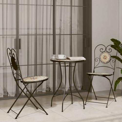 Faroom 3 TLG. Mosaik-Bistro-Set, Bistrotisch mit 2 Stühlen, Gartenmöbel Set Alu, Gartenset Balkonset, runder Gartentisch, Balkonmöbel Set Garten Sitzgruppe Outdoor Terrakotta und Weiß