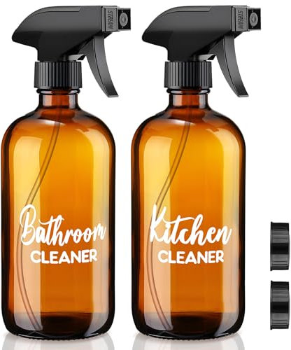 Tioncy 2 Pack Amber Glass Spray Bottles with Labels 16 oz Large Bottles Refillable Mist Bottles with Black Trigger Sprayer and Cap for Cleaning Solutions (Kitchen Cleaner and Bathroom Cleaner)