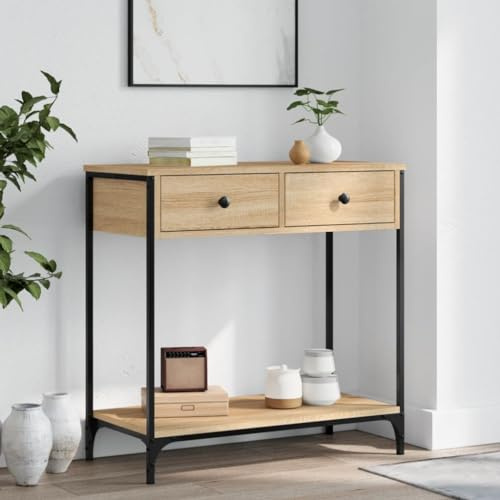 FENLAX Table console avec tiroir 75 x 34,5 x 75 cm Table basse en bois avec étagères Table d'appoint avec tiroir Bois et métal chêne Sonoma