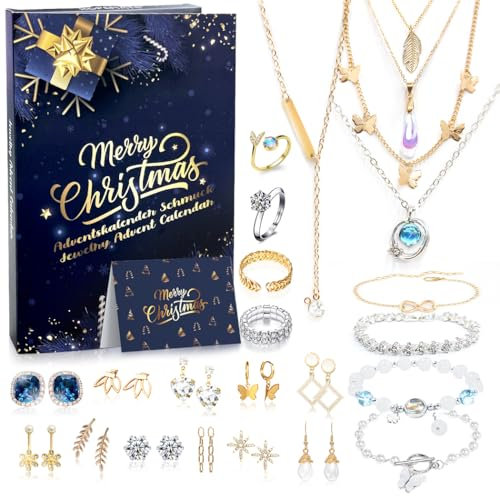 HOPEMATE Adventskalender Schmuck 2024 für Frauen mit Weihnachten Armband Halskette Ringe Ohrringe Countdown 24 Tage bis Weinachtskalender Weihnachtsgeschenke für Mädchen Damen Teenager