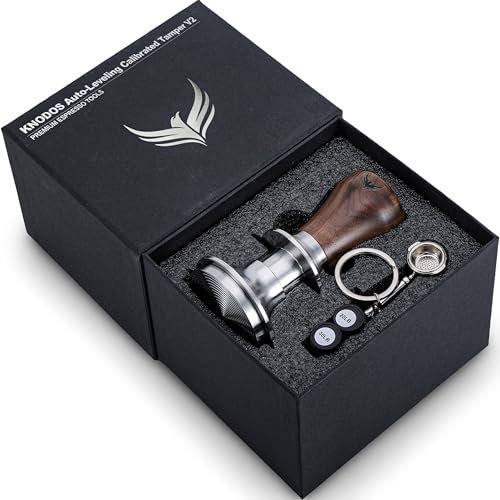 KNODOS 54 mm Tamper für Breville Maschinen, V2 kalibriertes Tamperwerkzeug, Espresso-Walnuss, automatische Nivellierung und 13,6 kg federbelastetes Design, Kaffeestampfer mit Edelstahl-Riffelboden