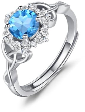 OHAYOO Keltischer Ring Damen 925 Sterling Silber Aquamarin Ring Frauen Dezember Geburtsstein Ringe Verstellbar Zirkonia Schmuck für Damen Mädchen Freundin Mama Tochter