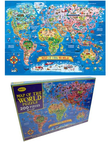XEERUN World Map Jigsaw Puzzle, 200 Piece Jigsaw Puzzles, Geography Puzzle with Continents, Map Jigsaw for Kids Age 7+, Gifts for Children, Educational Home Learning Puzzle