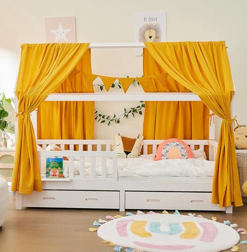 ALAVYA HOME® Hausbett 90x200 mit Schublade, Matratze und 3-TLG DEKO Set Gelb, inkl. Buchablage Rausfallschutz und Lattenrost | Massivholz der Buche FSC zertifizierter Kinderbett 90x200 - Weiß