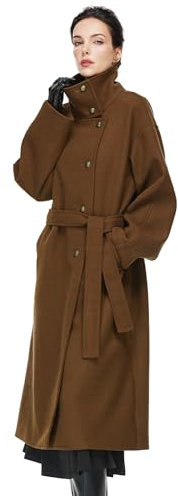 BEAUTELICATE Damen Wollmantel Langer Midimantel Wollmischung Umlegekragen mit Taschen Trenchcoat Langarm mit Reversekragen Einreihiger Mantel mit Gürtel Frühling Herbst Winter,M
