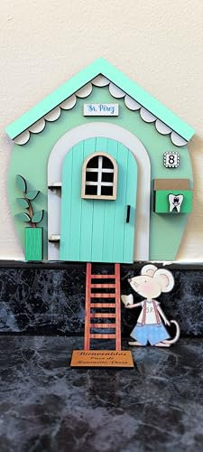 Casita de Ratoncito Pérez a todo color, puerta con pasadizo secreto, buzón, escalera y figura incluida, hecho a mano (Verde menta)