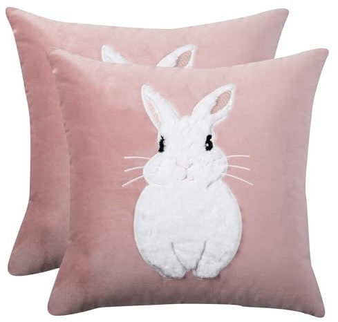Tosleo 2 Stück Kissenbezug Ostern 45 x 45 cm Weißes Kaninchen Dekorative Rosa Samt Kissenhülle Zierkissenbezüge Osterdeko Modern für Sofa Schlafzimmer Wohnzimmer Zuhause Garten Dekoration