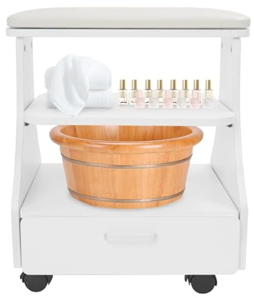 RjcdOPL Tabouret pour Bain de Pieds à roulettes, Chariot de Repose-Pieds Multifonctionnel, avec Étagère Coulissant et Tiroir, Élargie, pour Salons de Beauté, Spa, Pédicure (Blanc)