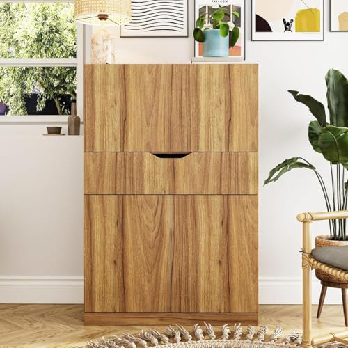 PREMTURE Kitchen Cupboard with Drop Leaf Desk, Kitchen Pantry Cabinet with 9 Compartments, Wooden Storage Cabinet with 1 Drawer & 2 Cupboard for Living Room Dining Room, Walnut Finish