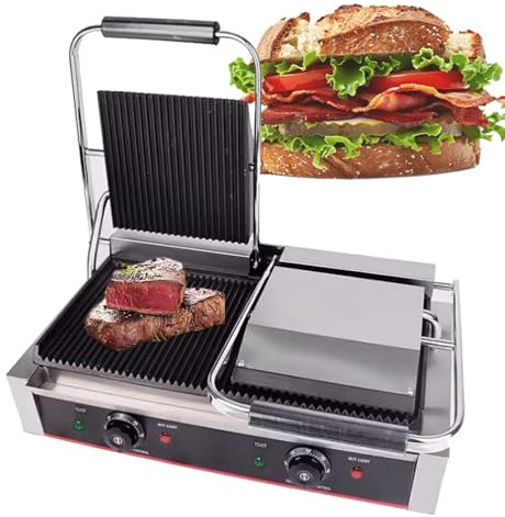 Commercial Panini Grill Flat Press - Sandwich Maker Electric Countertop Griddler, 122°F–572°F, 180° Opening, Non-Stick Coating, with Cool Touch Handle&Drip Tray,19x9Grooved