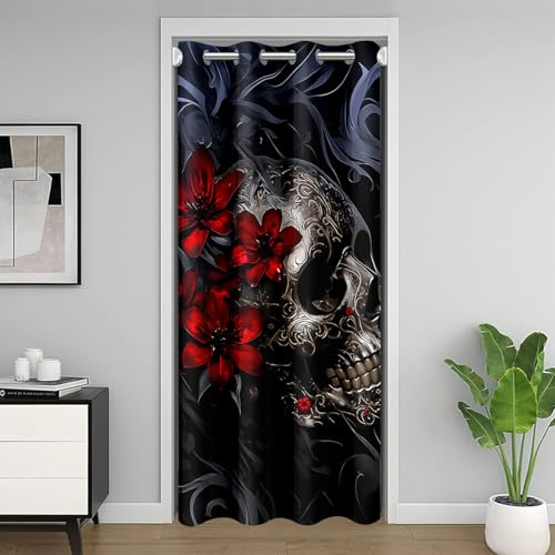 Homewish Gotischer Totenkopf Schädel Rose Blumen Türvorhang 86x203cm | Kinder 3D Digitaldruck Vorhang Mädchen Jungen Jugendliche Mädchenzimmer Moderne Wohndekor Sichtschutzvorhang Waschbar
