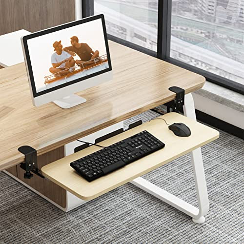 Garosa Clamp On Keyboard Tray Ergonomic Slide-Out Platform for Office Home Study Room, Height Adjustable Computer Drawer for Desk Extender, 20.5 X 9.8 Inch Holder in Black/Light Walnut/White Material