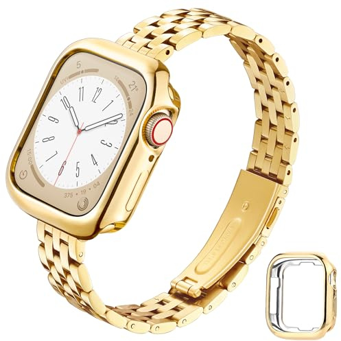 G-ficu Slim Stainless Steel Straps with Case for Apple Watch Straps Women 44mm 45mm 42mm 40mm 41mm 38mm, Elegant Metal Band with Protective Cover, iWatch Strap for Apple Watch Series 9 8 7 6 5 4 3 SE