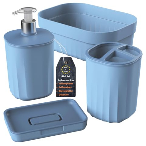 Engelland - Badezimmer Set, 4-teilig mit Seifenspender, Seifenschale, Zahnbürstenhalter und Organizer, modernes Design, robuster Kunststoff, BPA-frei, Rillen-Optik, Pastell-Blau